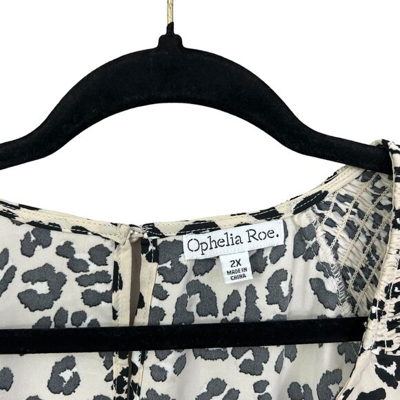 Ophelia Roe Women Tunic Top Blouse Animal Print Smocked Long Balloon Sleeve 2X* - Picture 3 of 5